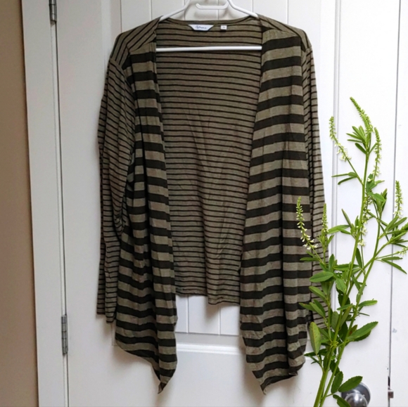 Reitmans Plus size 2x green and black stripes stretchy sweater cardigan - Picture 1 of 7